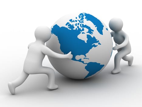 mans rolls the globe on a white background. Isolated 3D image.