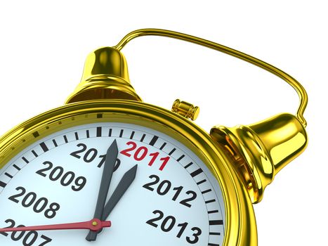 year calendar on alarm clock. Isolated 3D image