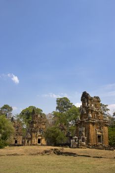 Image of the UNESCO's world heritage site of Prasat Suor Prat or the Temple of Tightrope Dancers, made up of 12 ancient laterite towers, located at Siem Reap, Cambodia.