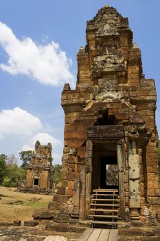 Image of the UNESCO's world heritage site of Prasat Suor Prat or the Temple of Tightrope Dancers, made up of 12 ancient laterite towers, located at Siem Reap, Cambodia.