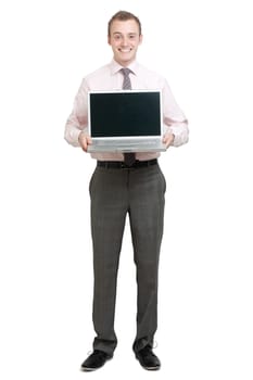 A business man presenting on a laptop