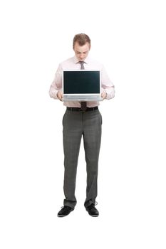 A business man presenting on a laptop