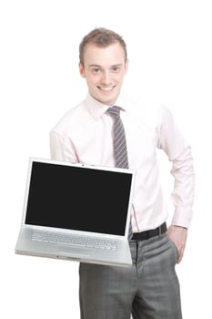 A business man presenting on a laptop