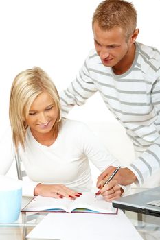 Portrait of a happy couple working with laptop and notes in home or office