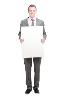 A business man holding an empty sign