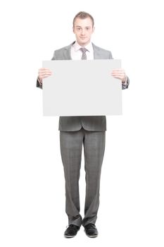 A business man holding an empty sign