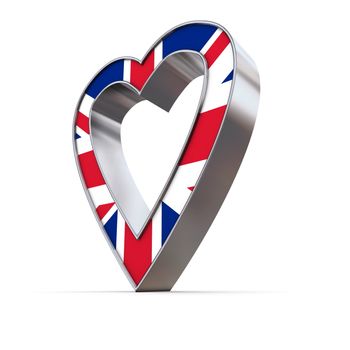 shiny metallic 3d heart of silver/chrome - front surface shows the United Kingdom flag