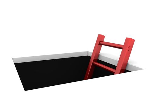 a rectangle hole in the white ground - metallic red ladder to climb out