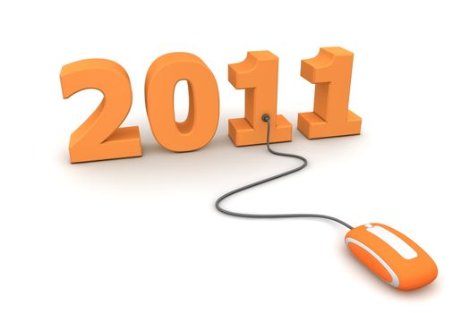 modern orange computer mouse connected to the orange date 2011 - welcome the new year