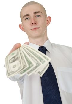 The man in a white shirt with money in a hand
