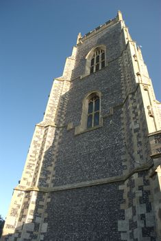 Dramatic view of church tower looking upward