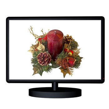 Black tv with red and gold Christmas decoration on screen