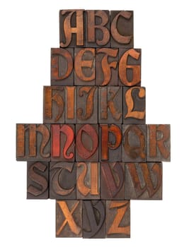 English alphabet in vintage wooden letterpress printing blocks (Abbey typeface), vertical composition, isolated on white