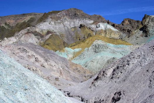 Desert landscape with multicolored yellow, green purple and blue clay mineral deposits in geological formations of Death Valley National Park