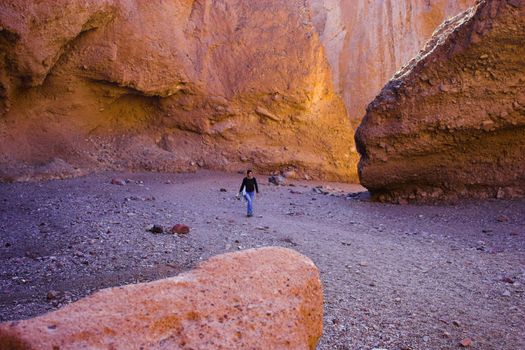 Desert landscape with multicolored purple clay and salt mineral deposits in geological formations of Death Valley National Park