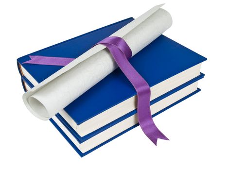 A diploma with violet ribbon over blue books. Isolated on white.