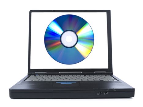 Laptop showing a digital disc on its screen. Isolated on white.