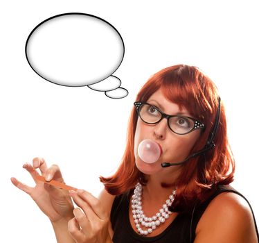 Red Haired Retro Receptionist with Blank Thought Bubble Chewing Gum Isolated on a White Background.