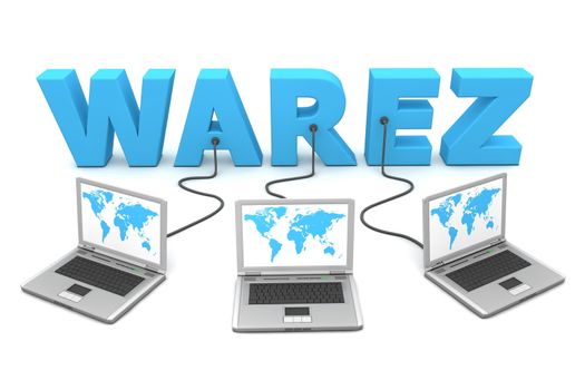 three laptops with a world map connected to the blue 3D word WAREZ