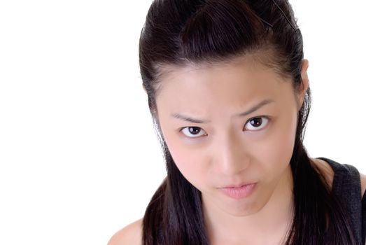 Angry woman of Asian, closeup portrait with copyspace on white.