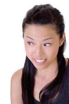 Cute Asian beauty with smiling face, closeup portrait over white background.