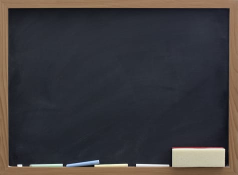 blank blackboard with eraser and chalk, smudge patterns,  white dust