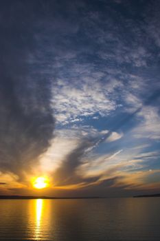 Reflection of beautiful sunset sky in the water of Lewis and Clark Reservoir