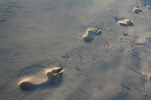 Footprints in the sand at dusk.
