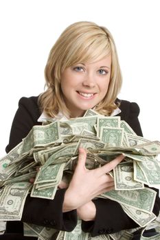 Beautiful smiling businesswoman holding money