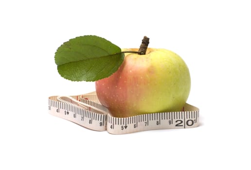 Ripe apple with green sheet and tape-line on a white background.