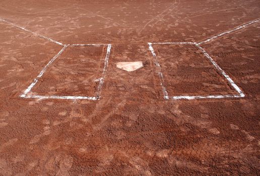 A wide angle shot of empty batter's boxes and home plate.