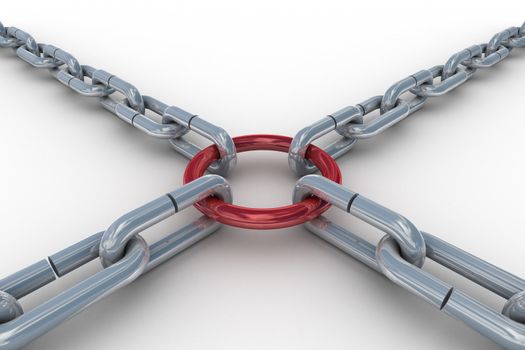 Chain fastened by a red ring. 3D image.