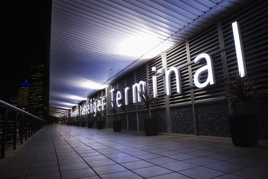 Overseas Passenger Terminal at night in Sydney, Australia.