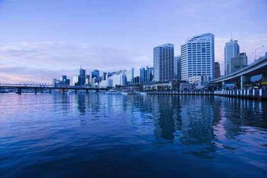 Darling Harbour and skyscrapers in Sydney, Australia.