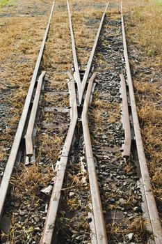 Railway track turnout breaking into two different directions.