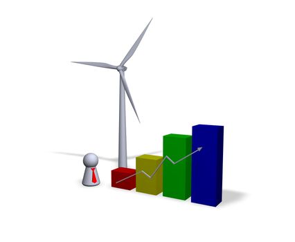 diagram, wind turbine and play figure with red tie