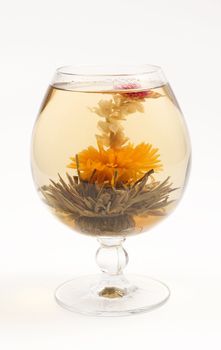 Glass with a blooming flower green tea on white background