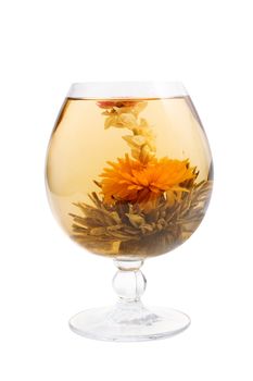 Glass with a blooming flower green tea on white background