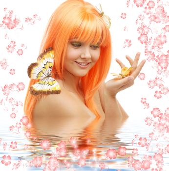 picture of lovely orange hair girl with butterflies and flowers in water