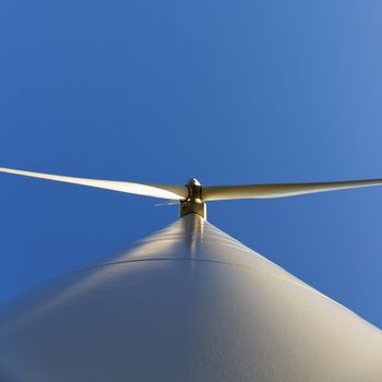 Perspective shot of wind turbine against blue sky.