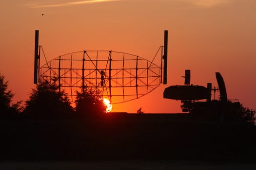 Aerials of a radar in beams the sunset
