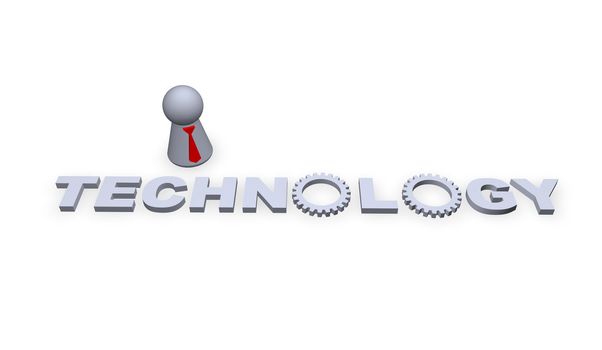 technology text in 3d and play figure with red tie