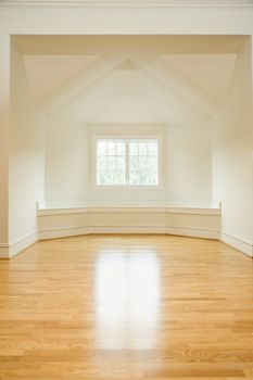 Empty room in house with sunlight coming through window on hardwood floors.