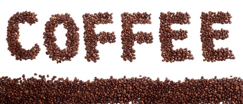 "Coffee" word made of coffee beans with a strip of beans, isolated on white