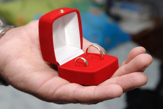 The man's hand holding a box with rings