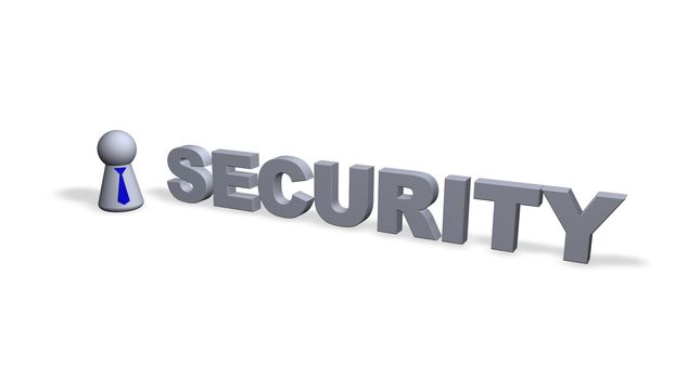 security text in 3d and play figure with blue tie