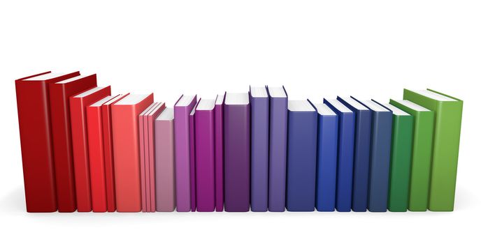 A row of color coordinated books. 3D render.