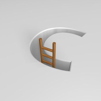 uppercase letter c shape hole with ladder - 3d illustration