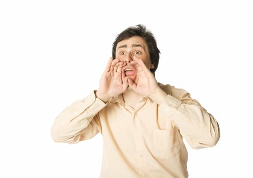 Man shouting, hands near his mouth, over white