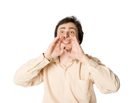 Man shouting, hands near his mouth, over white